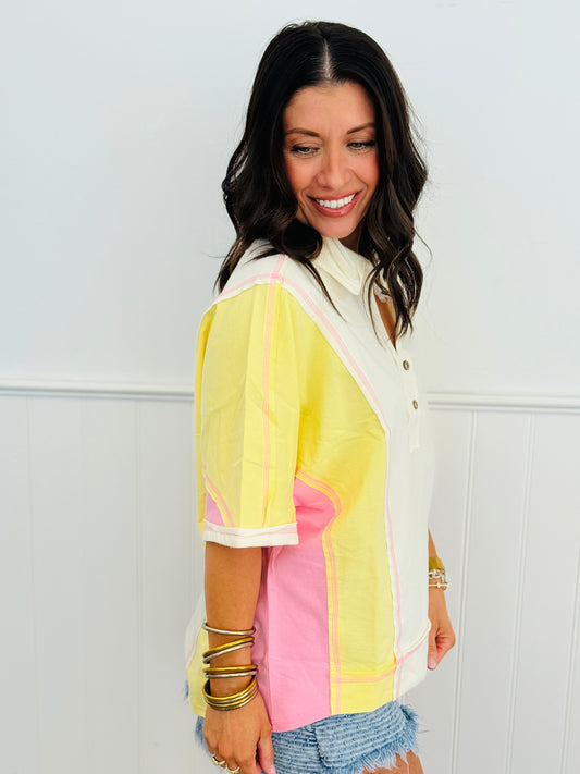 Lemon Dolman Sleeve Color Block Blouse (Reg. and Plus)