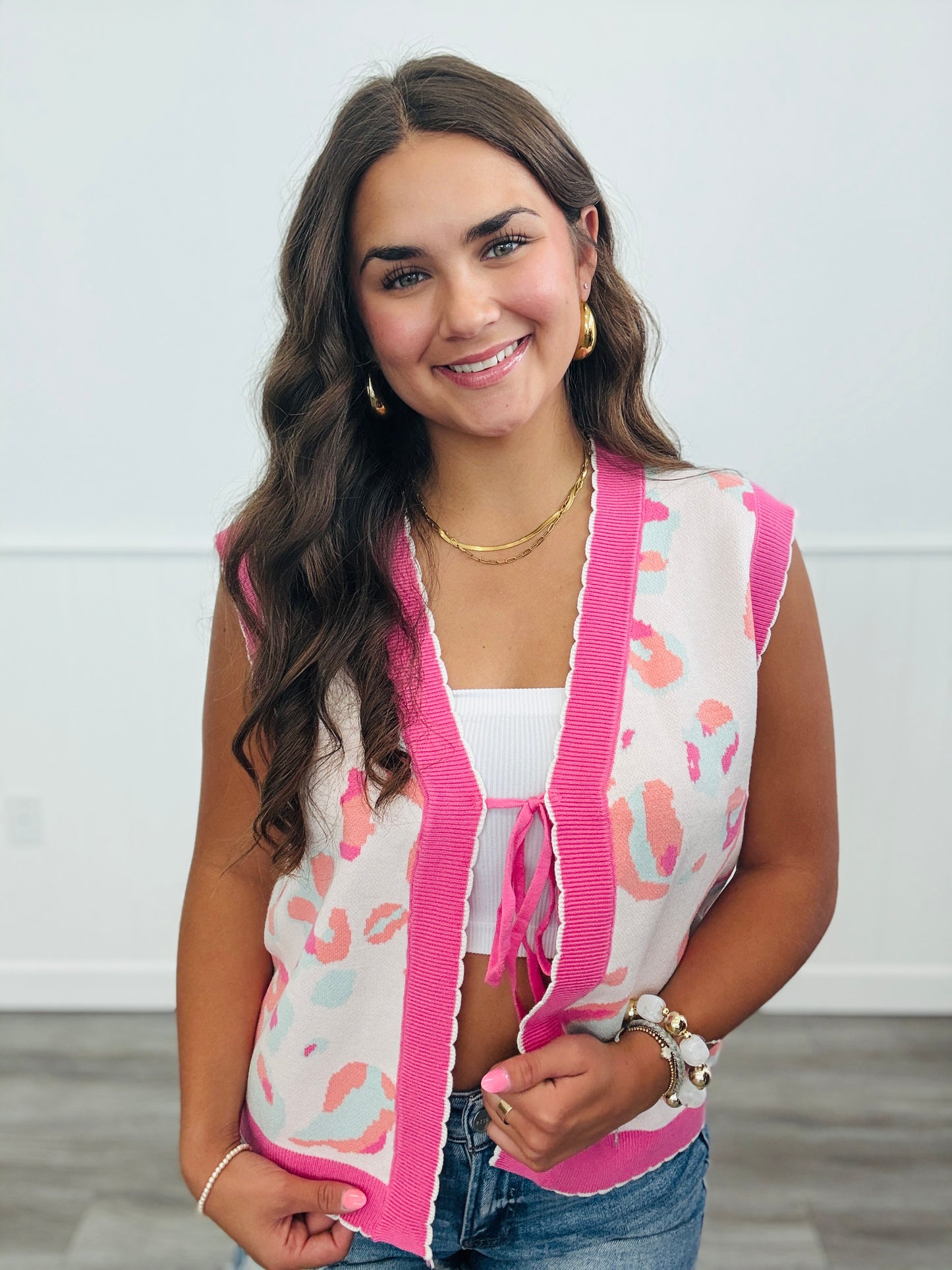 Ivory/Pink Leopard Front Tie Sweater Vest (Reg.)