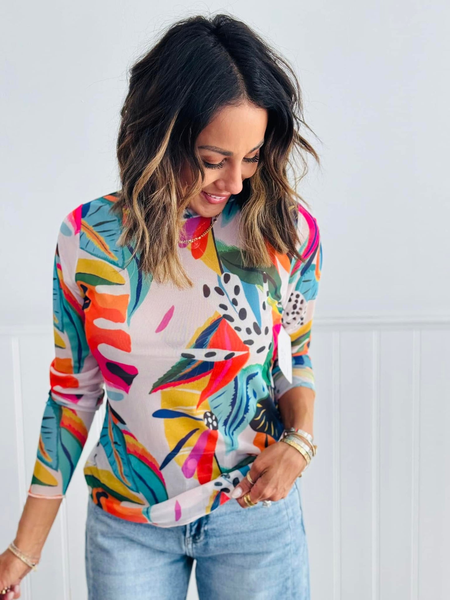 Tropical Print Mesh Top (Reg. and Plus)