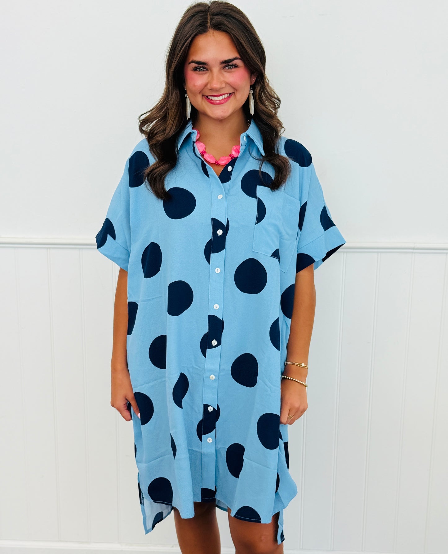 Blue/Navy Polka Dot Shirt Dress (Reg & Plus)
