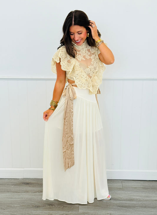 Beige Sheer Floral Mock Neck Lace Top (Reg.)