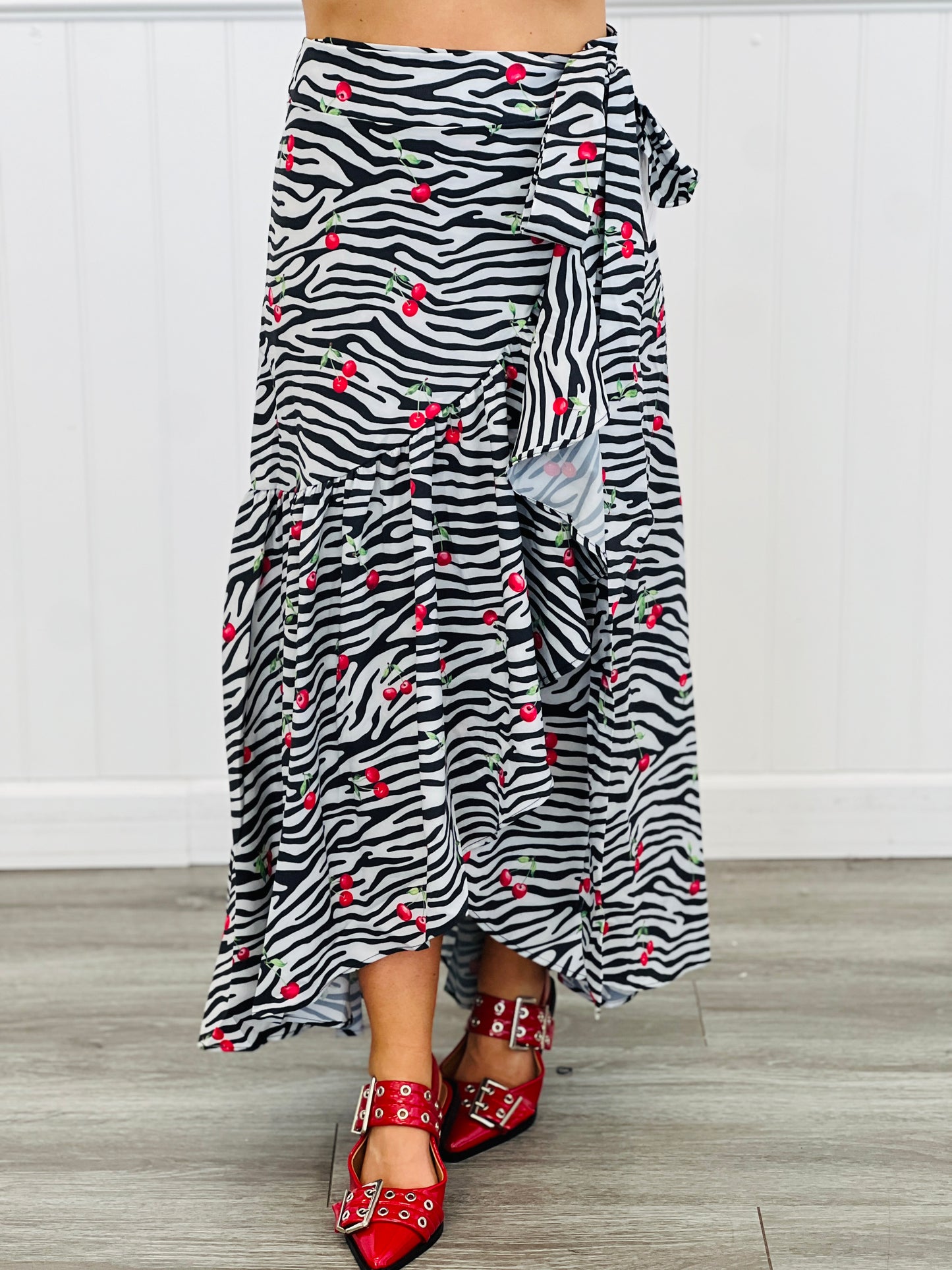 Zebra Cherry Print Wrap Midi Skirt (Reg.)