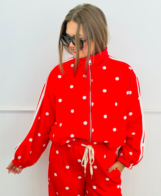 Red Polka Dot Side Stripe Zip Up Jacket (One Size)