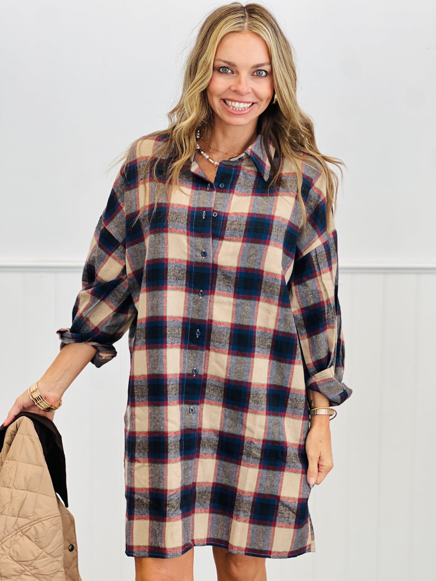 Taupe Combo Plaid Oversized Button Down Top (Reg.)