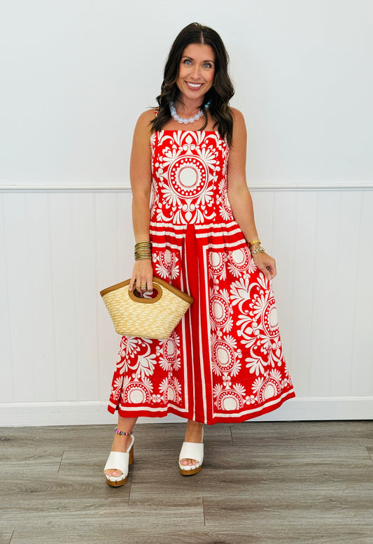 Red/Ivory Printed Midi Dress (Reg.)