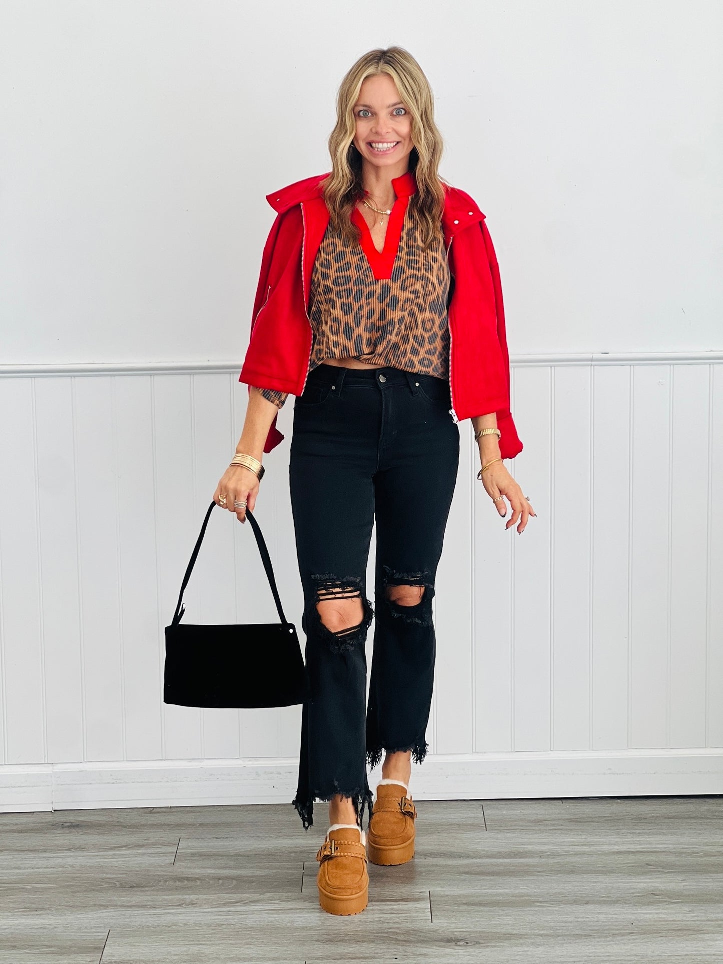 Leopard Print Contrast Trim Top (Reg. and Plus)