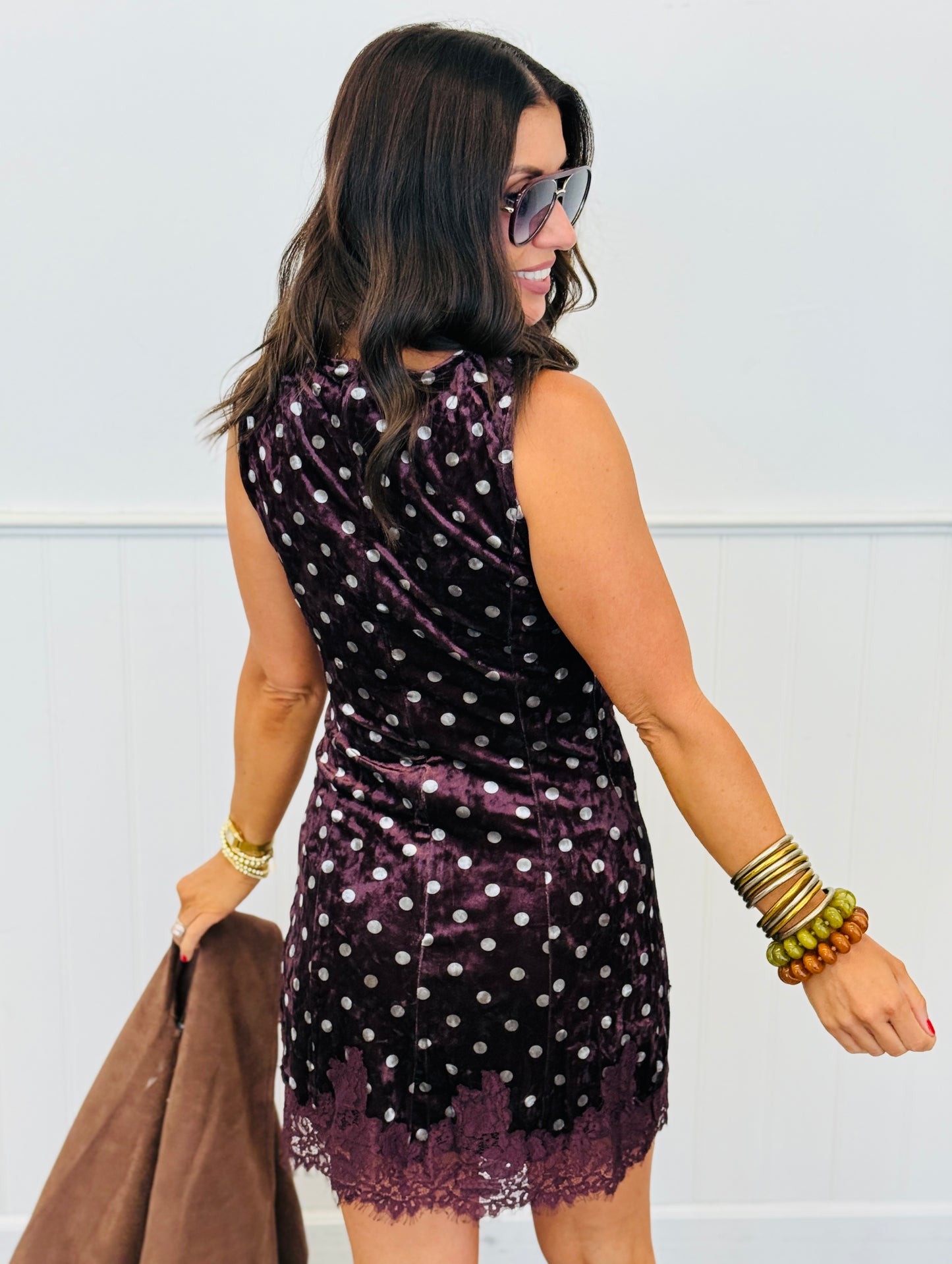 Burgundy Velvet Polka Dot Lace Trim Mini Dress (Reg & Plus)