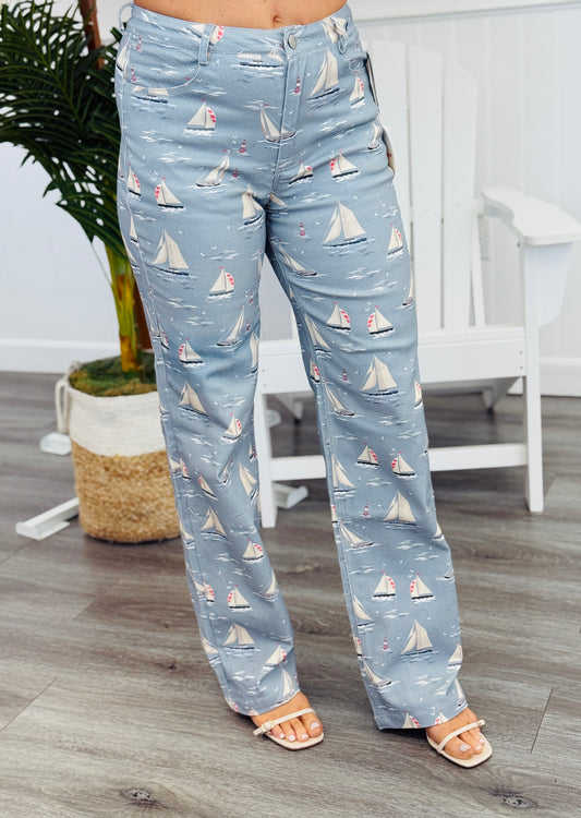 Dusty Blue Sailboat Print Pants (Reg.)