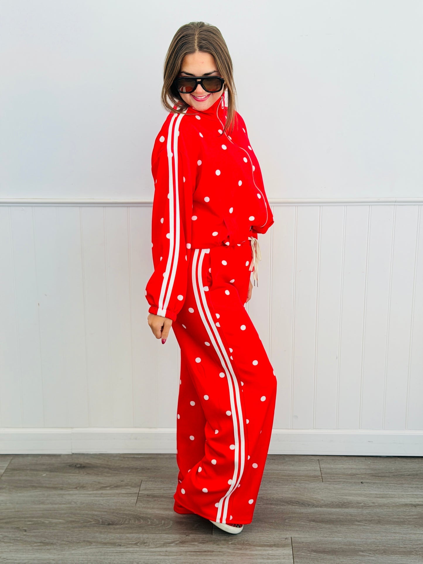 Red Polka Dot Side Stripe Zip Up Jacket (One Size)