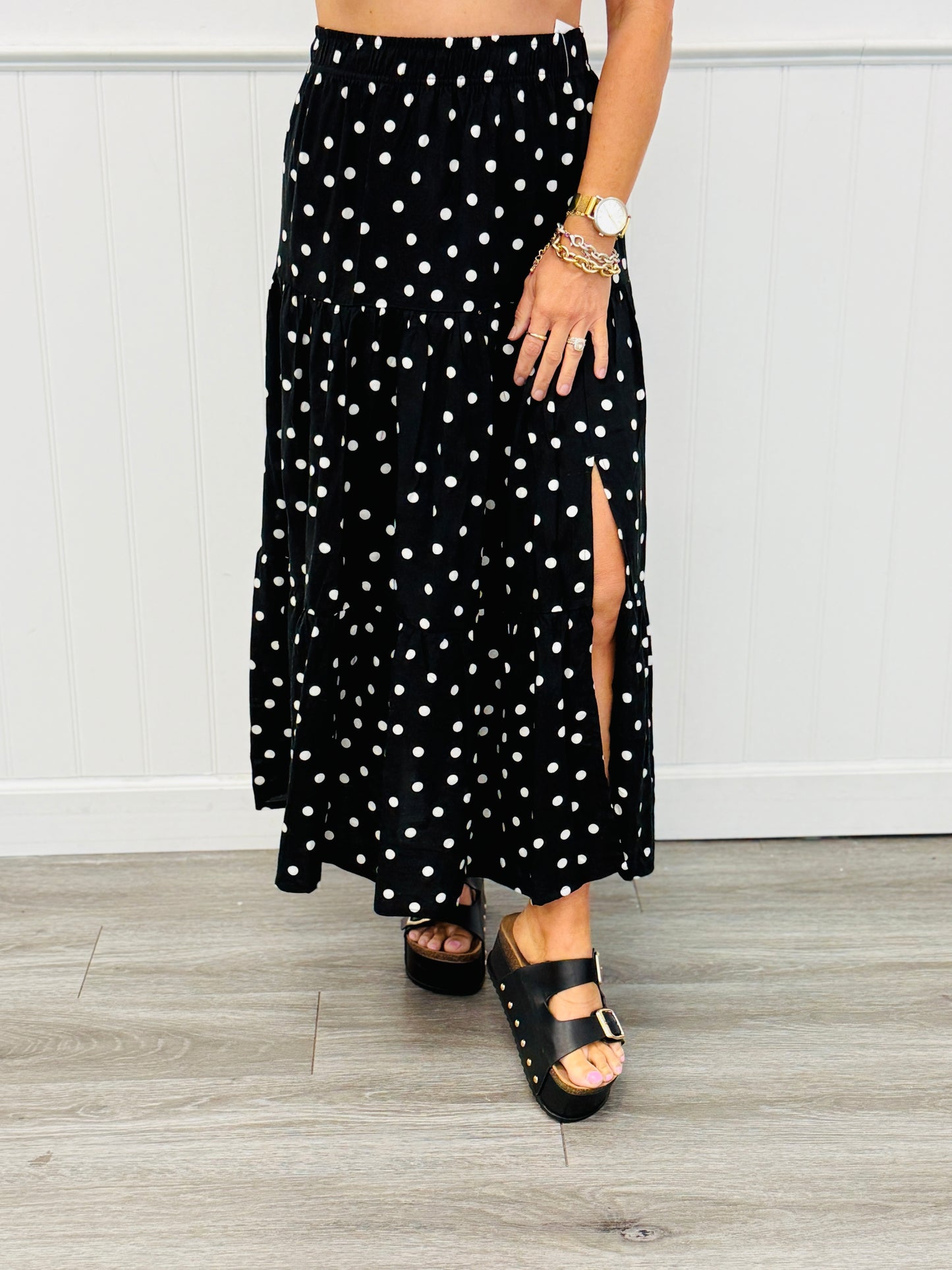 Polka Dot Side Slit Midi Skirt (Reg.)-3 Colors