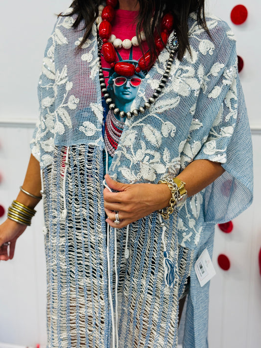 POL Powder Blue Loose Weave Tassel Midi Cardigan (Reg.)