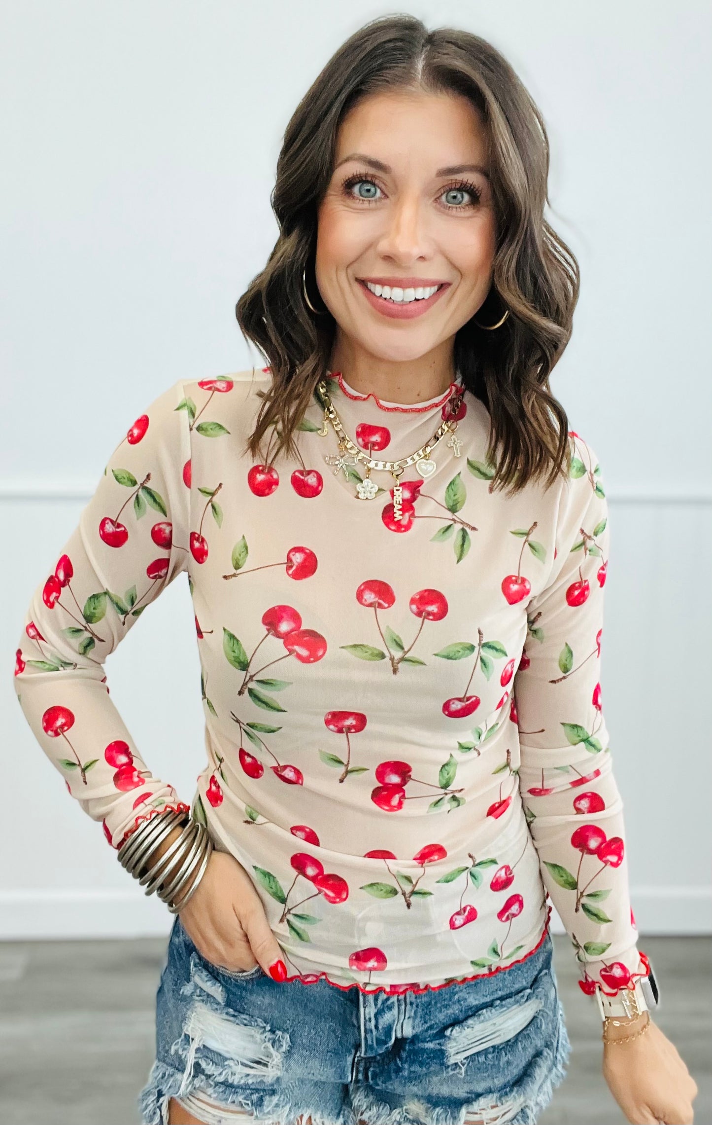 Beige Cherries Mesh Long Sleeve Top (Reg. and Plus)