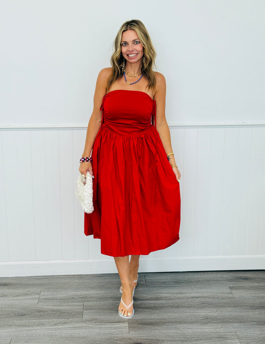 Red Ruched Side Tie Strapless Midi Dress (Reg)
