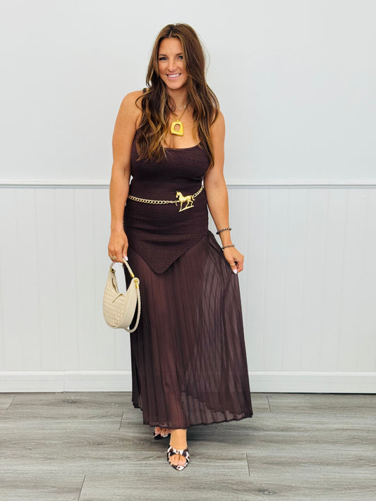 Brown Sleeveless Sheer Midi Dress (Reg.)