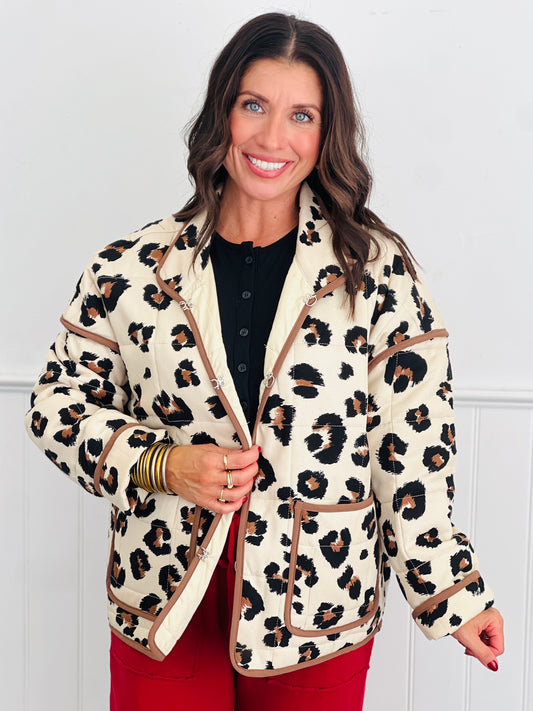 Leopard Print Contrast Binding Quilted Jacket (Reg.)