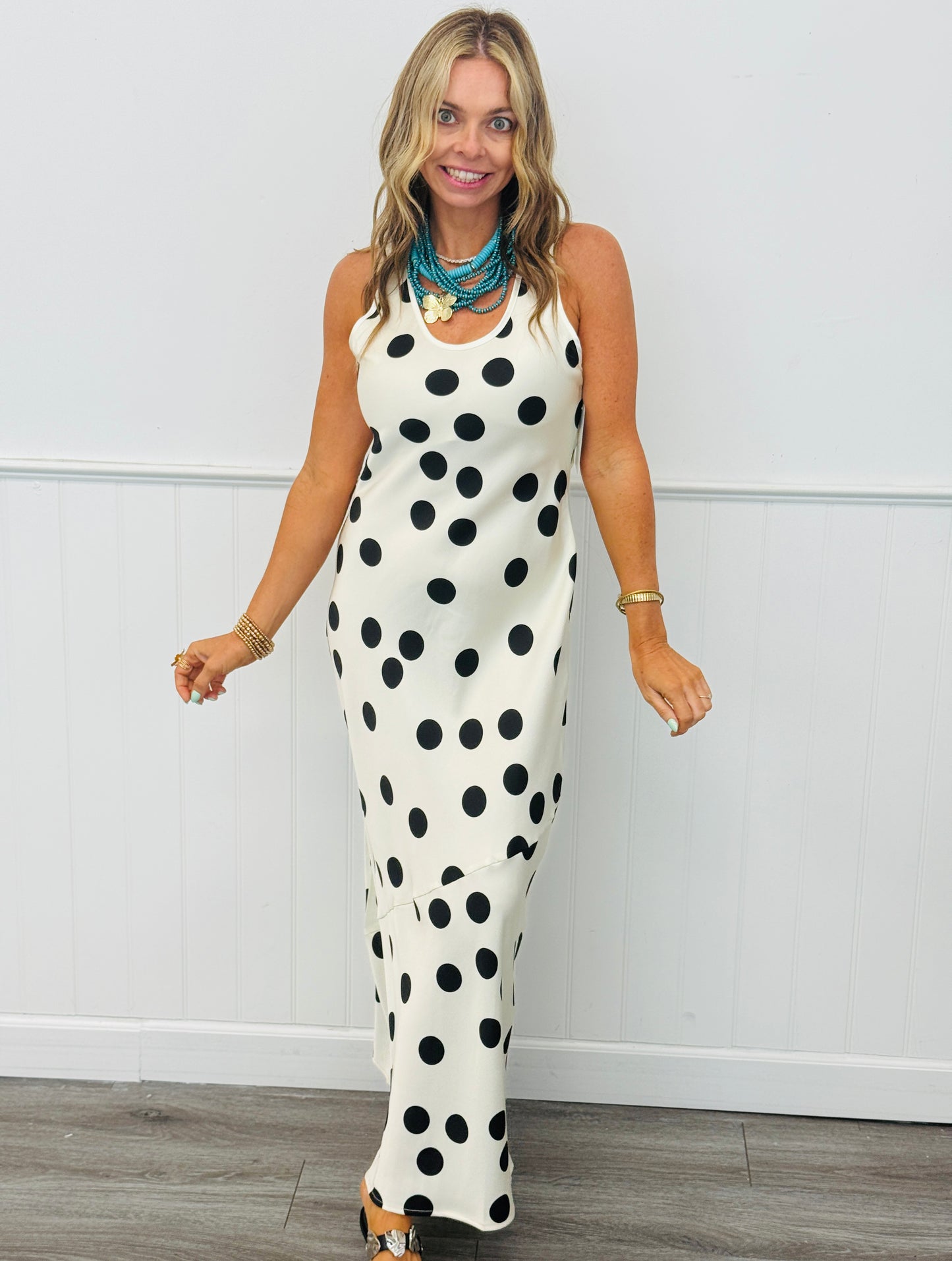 Cream Polka Dot Satin Maxi Dress (Reg.)