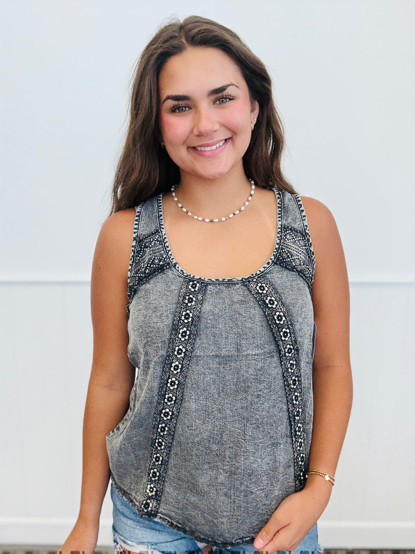 Washed Black Lace Mesh Trim Top (Reg & Plus)