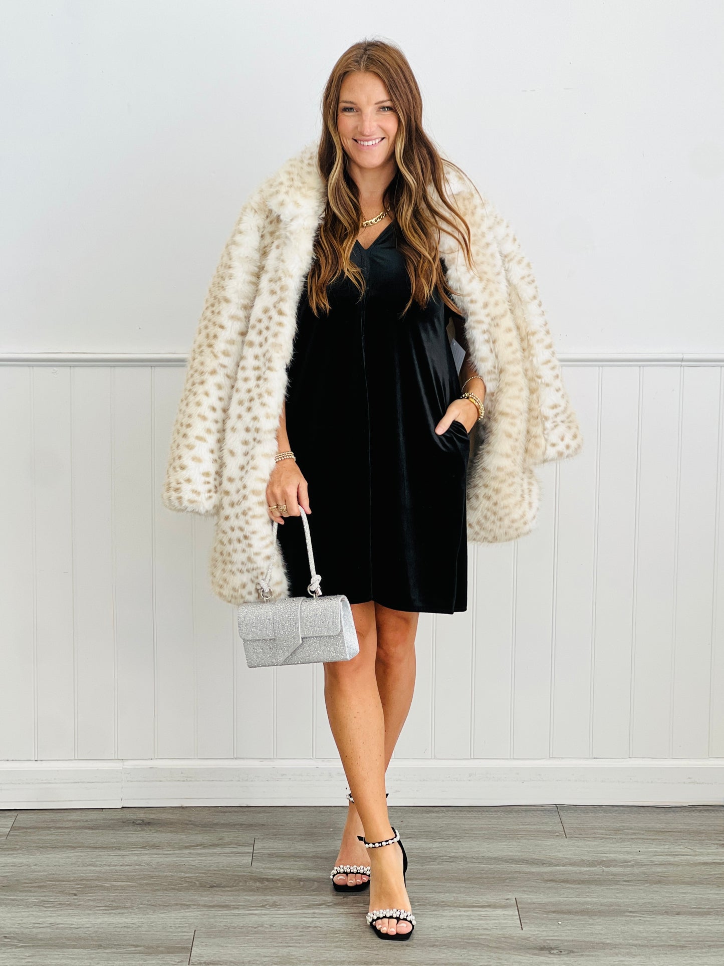 Black Gathered V-Neck Velvet Mini Dress (Reg. and Plus)