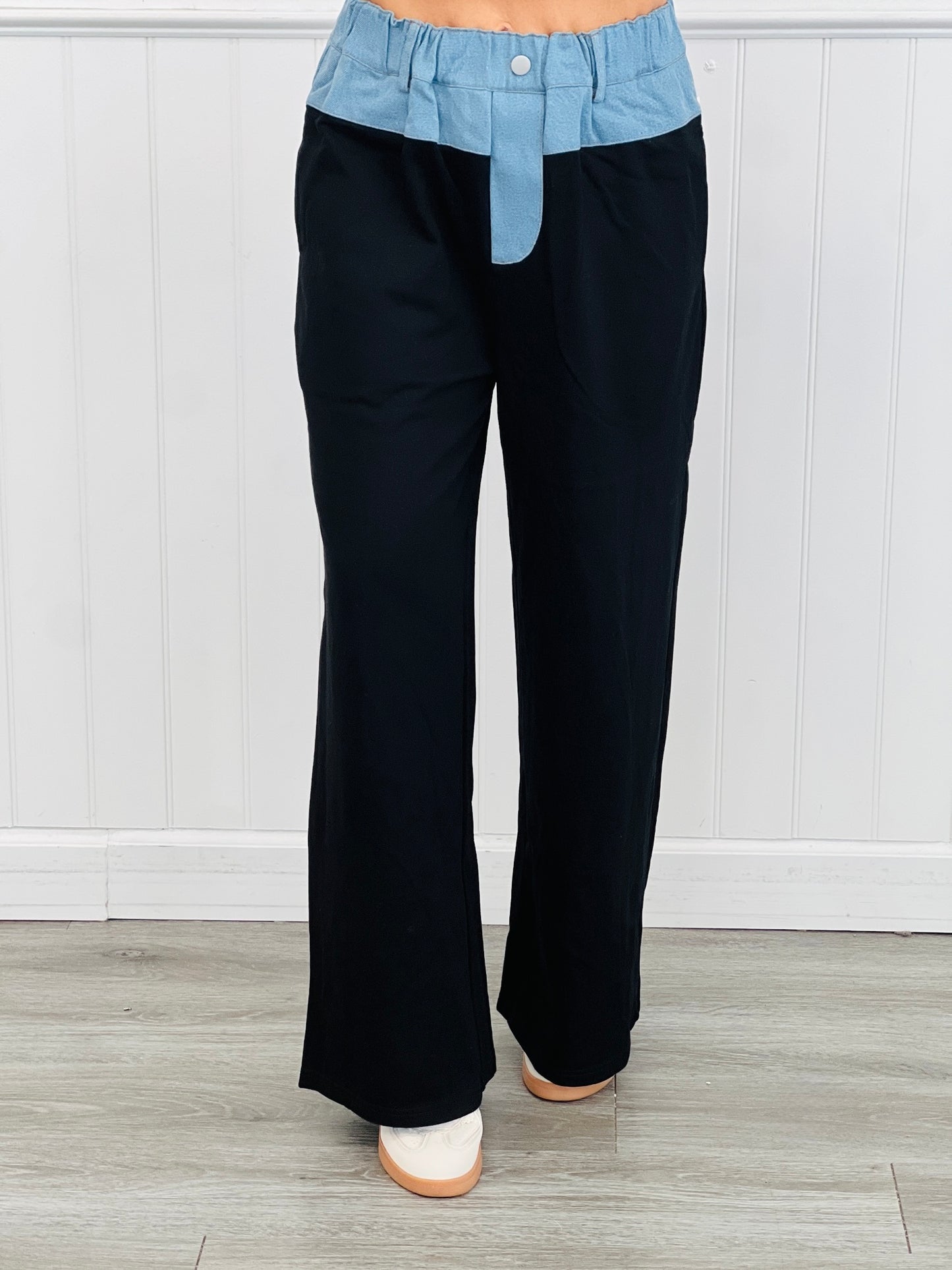 Black Contrast Waist Wide-leg Pants (Reg & Plus)
