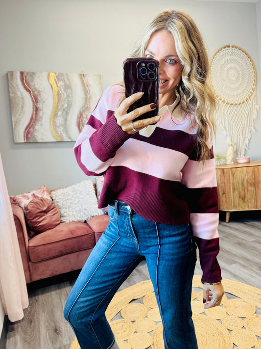 Burgundy/Pink Striped Polo Sweater Top (Reg.)
