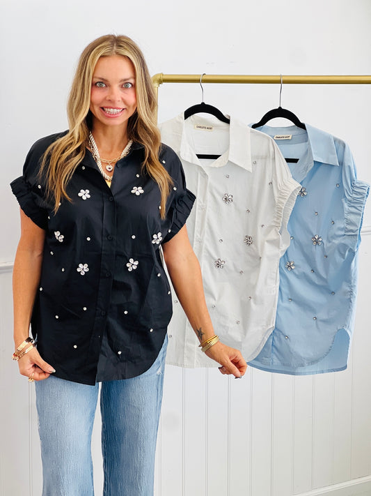 Crystal Studded Button Up Blouse (Reg.) - 3 Colors