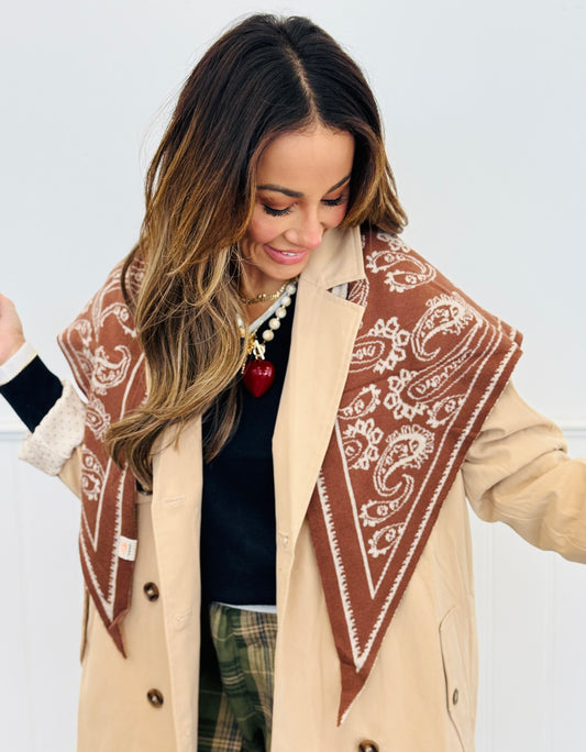 Brown Paisley Print Triangle Scarf