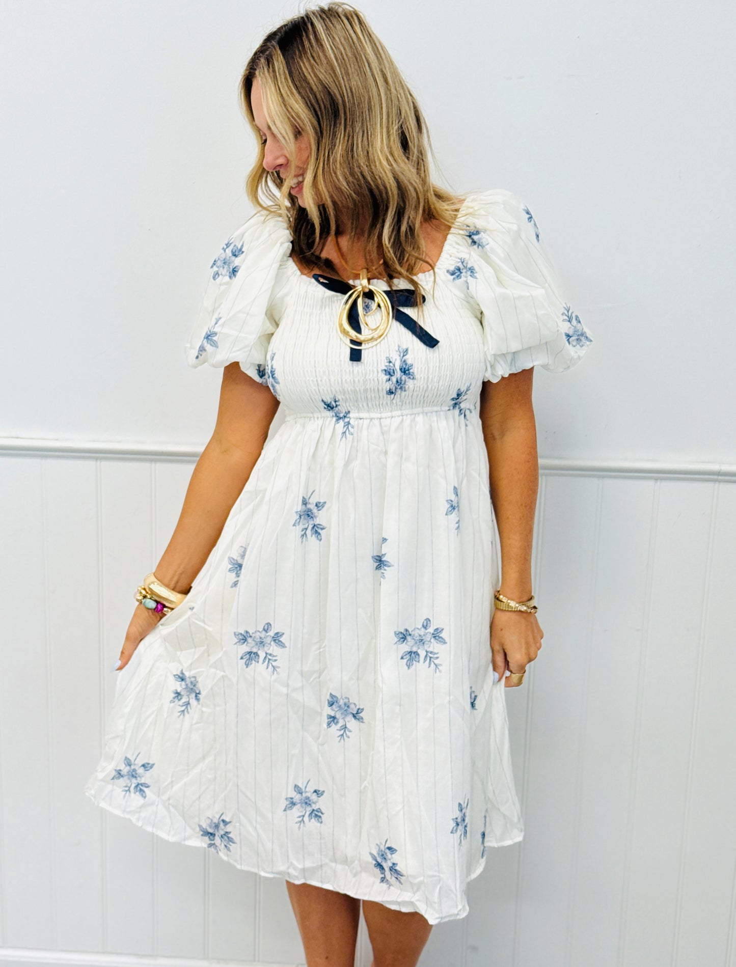 Blue Multi Striped Floral Midi Dress (Reg & Plus)