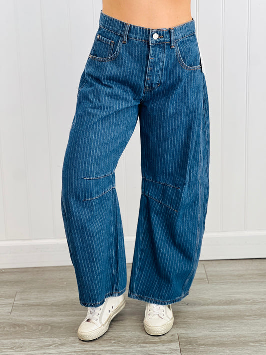 Denim Dark Striped Crop Barrel Jeans (Reg.)