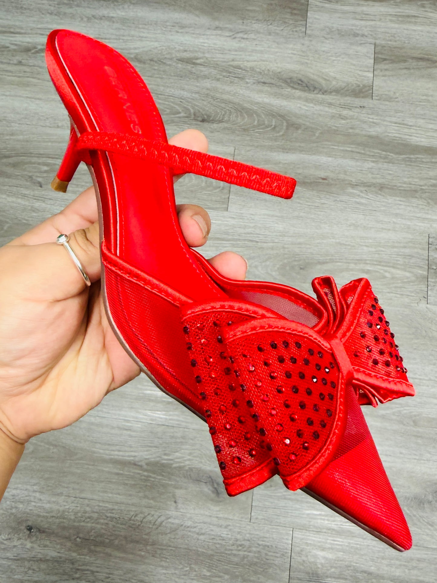 Red Bow Down Rhinestone Slingback Heels