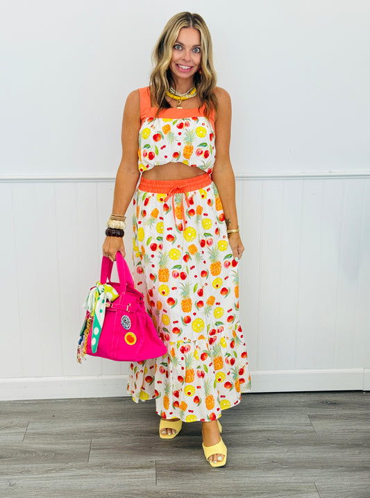 Fruit Print Bubble Hem Top & Skirt Set (Reg. and Plus)