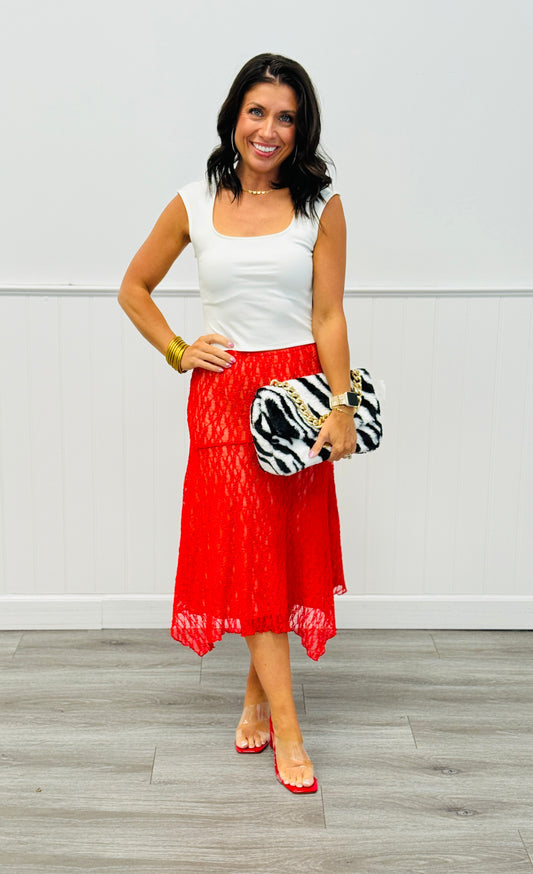 Cherry Lace Asymmetrical Midi Skirt (Reg.)
