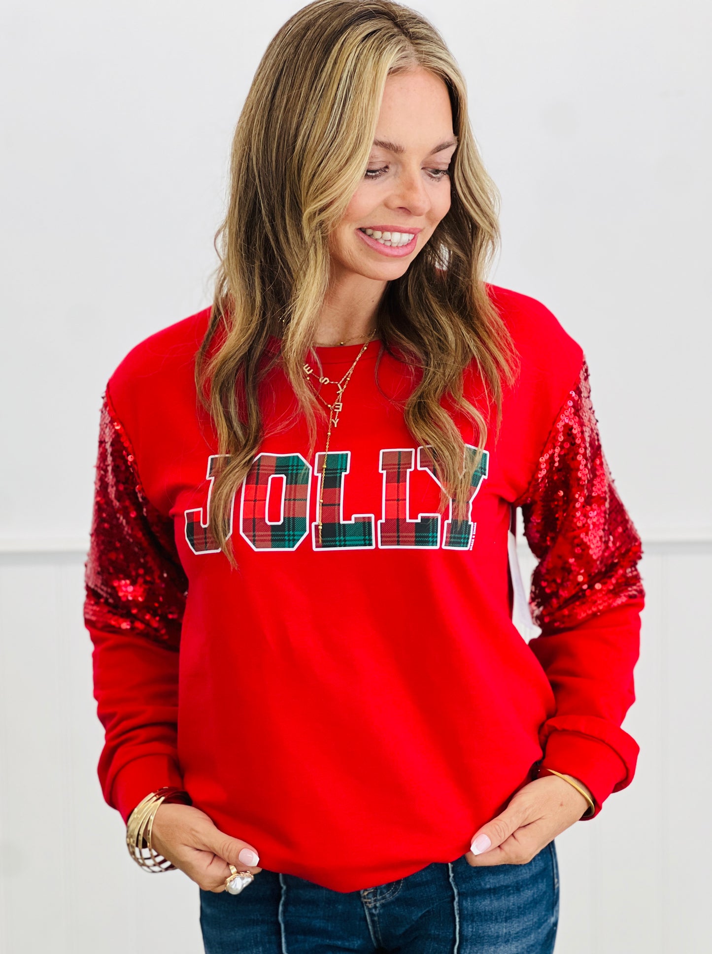 Red Jolly Sequin Sleeve Sweatshirt (Reg. and Plus)