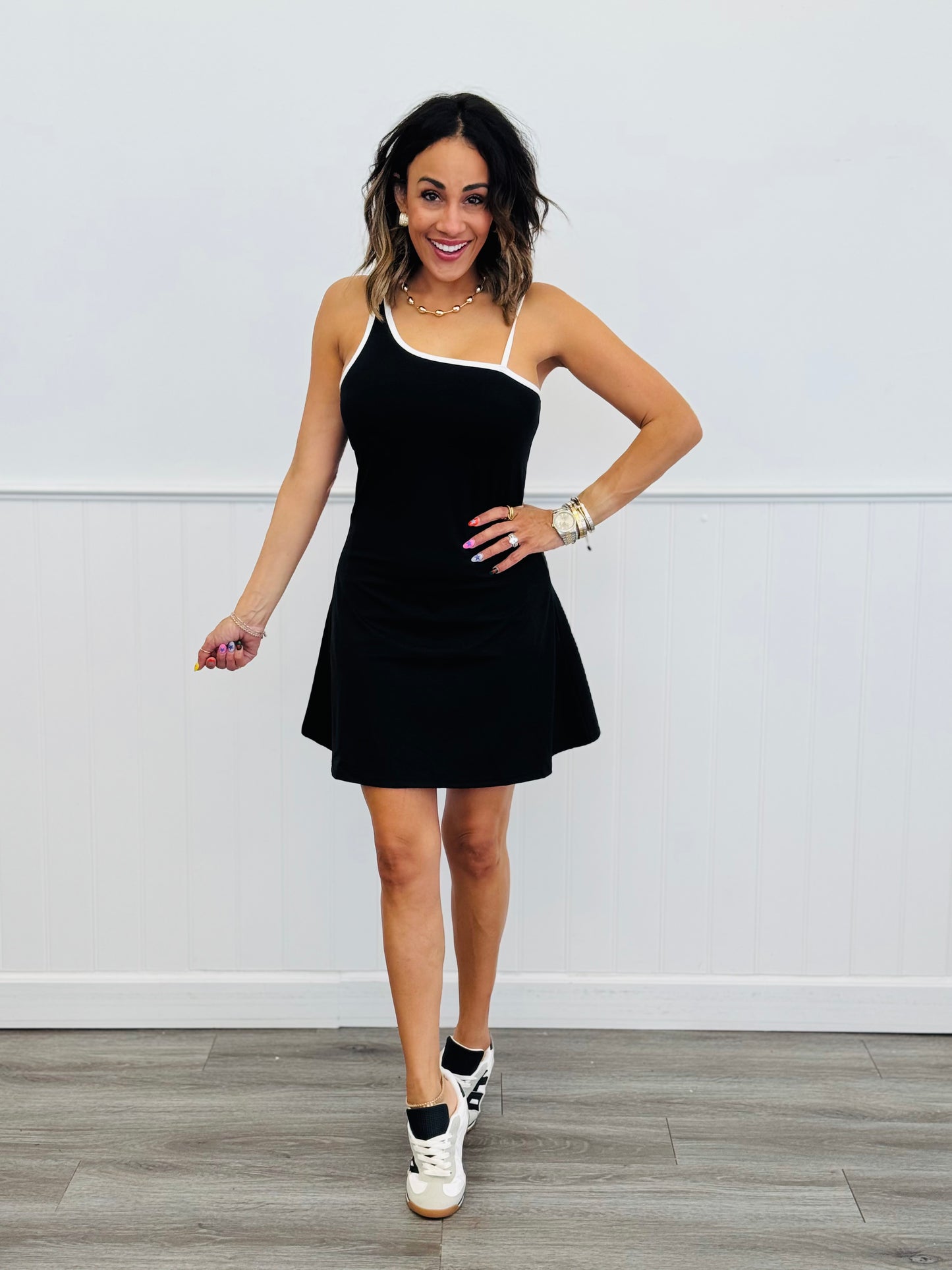 Black Asymmetric Neckline Mini Dress (Reg.)
