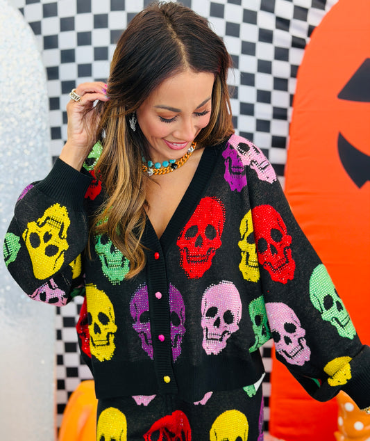 Queen Of Sparkles Black Multi Skull Button Rhinestone Cardigan (Reg. and Plus)