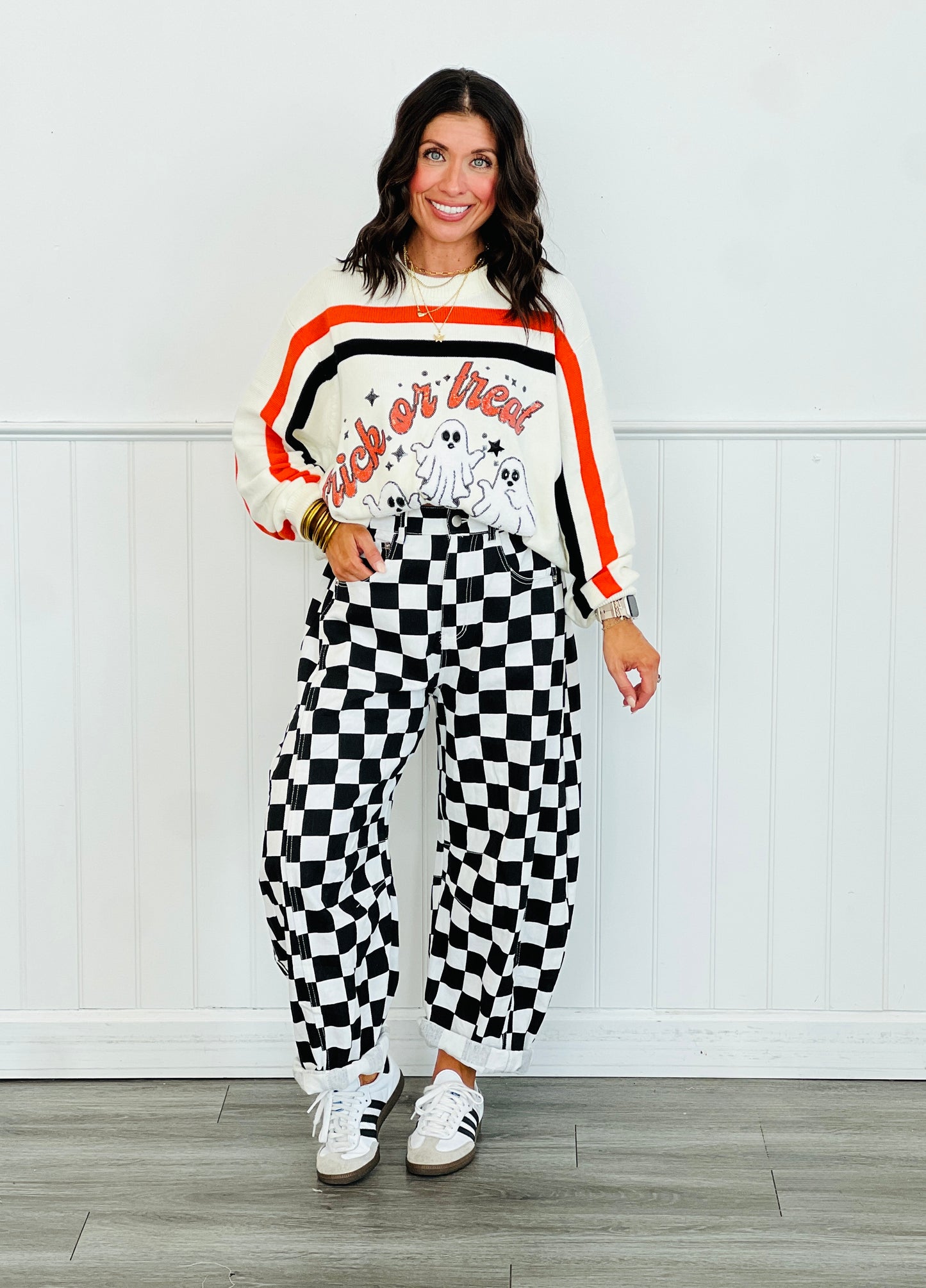 Queen Of Sparkles White, Black & Orange Stripe 'Trick or Treat' Sweater (Reg. and Plus)