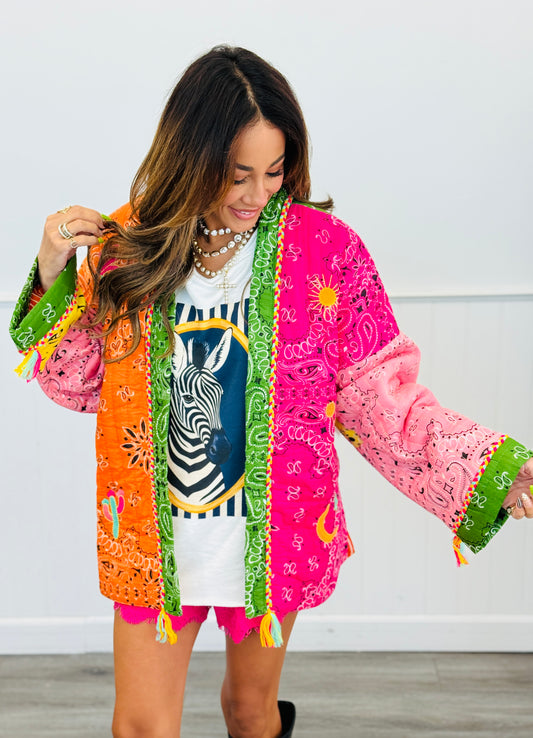 POL Green/Pink Multi Print Kimono Jacket (OS)