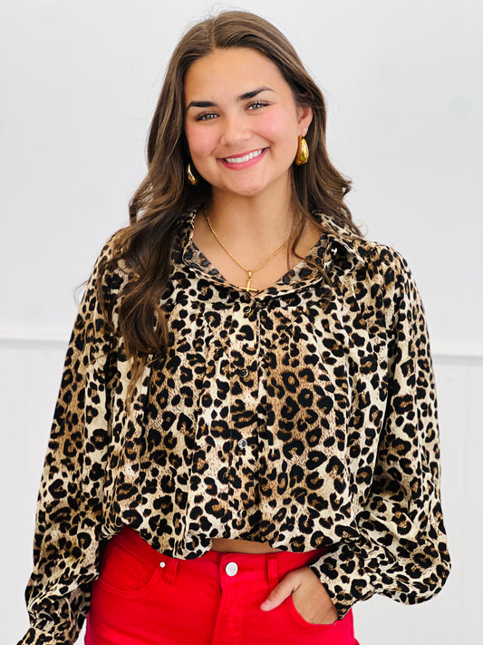 Leopard Billowy Button Down Blouse (Reg. and Plus)