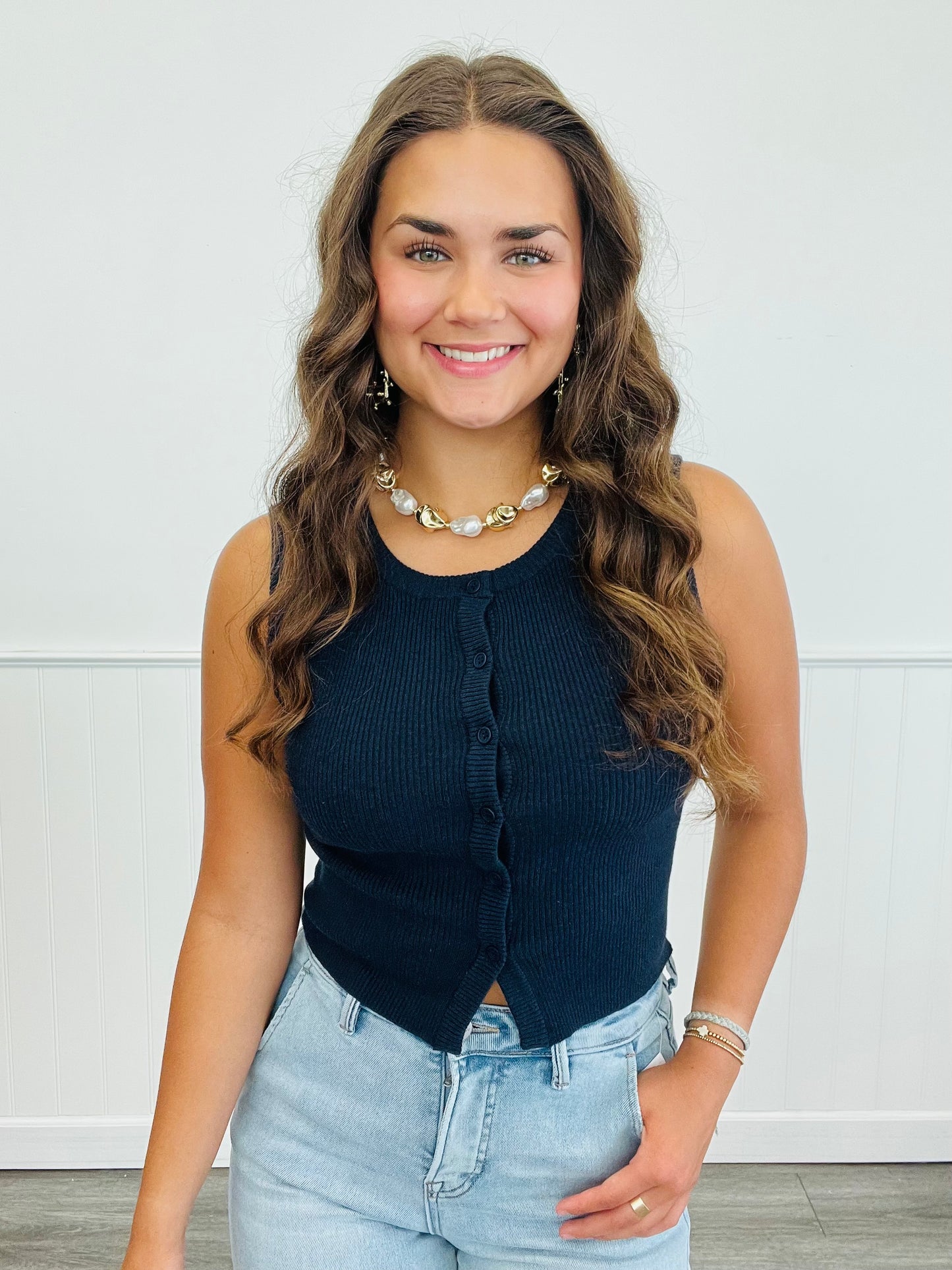 Navy Sleeveless Button Down Sweater Top (Reg.)