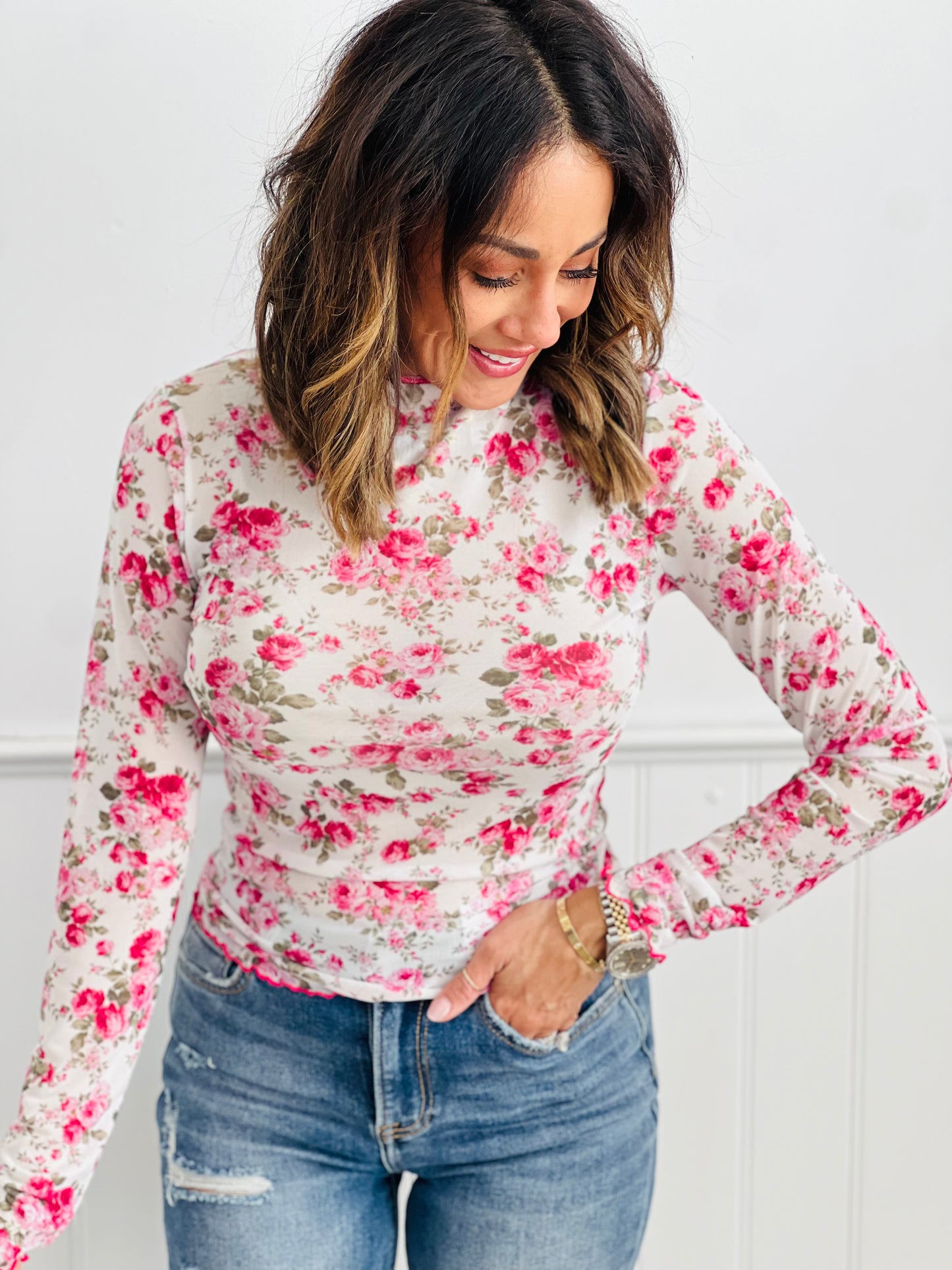 Pink Floral Mesh Long Sleeve Top (Reg. and Plus)