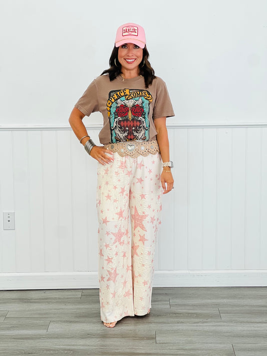 Beige Pink Star Lace Wide Leg Pants (Reg. & Plus)