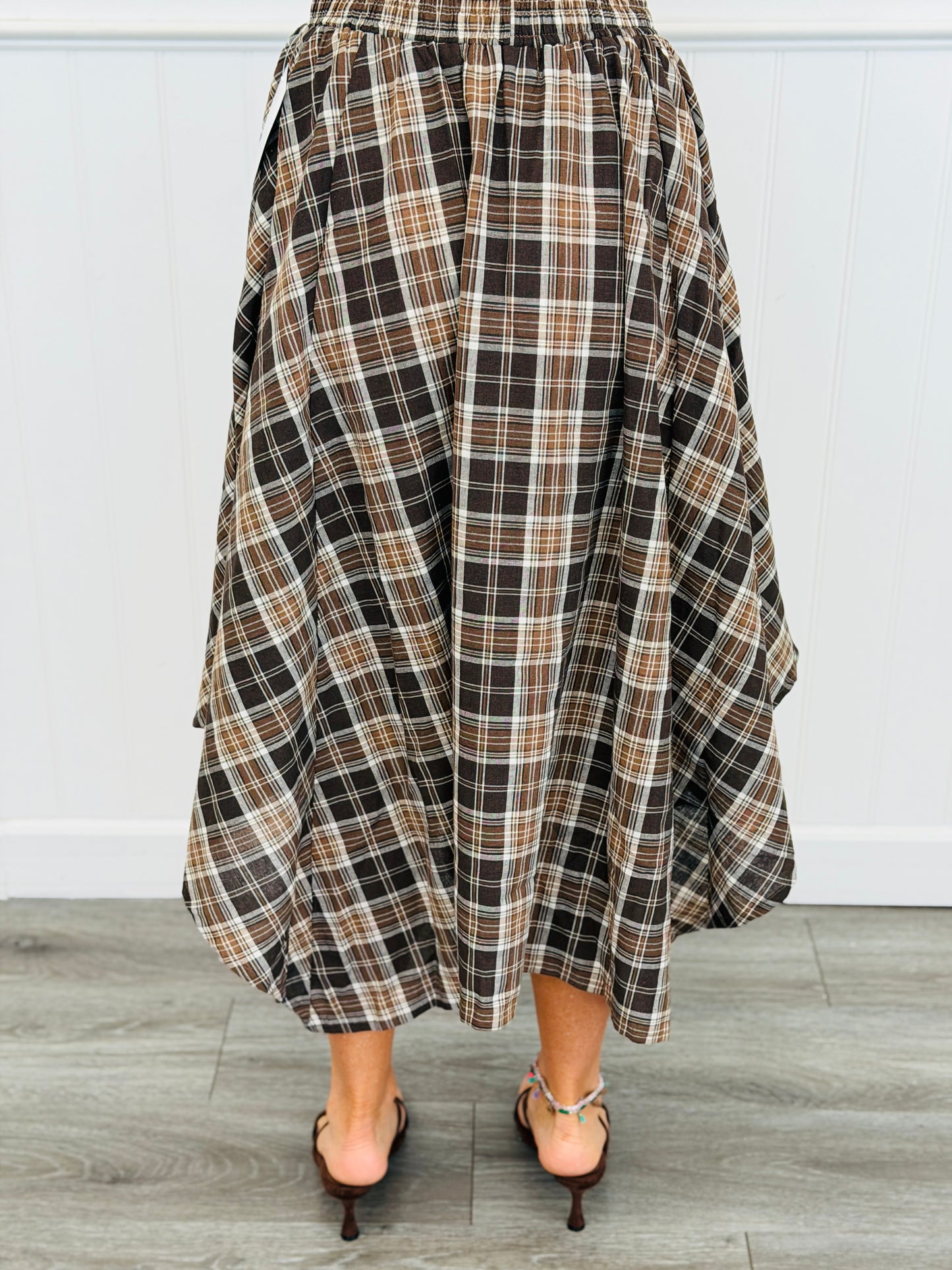 Brown Plaid Handkerchief Hem Midi Skirt (Reg.)