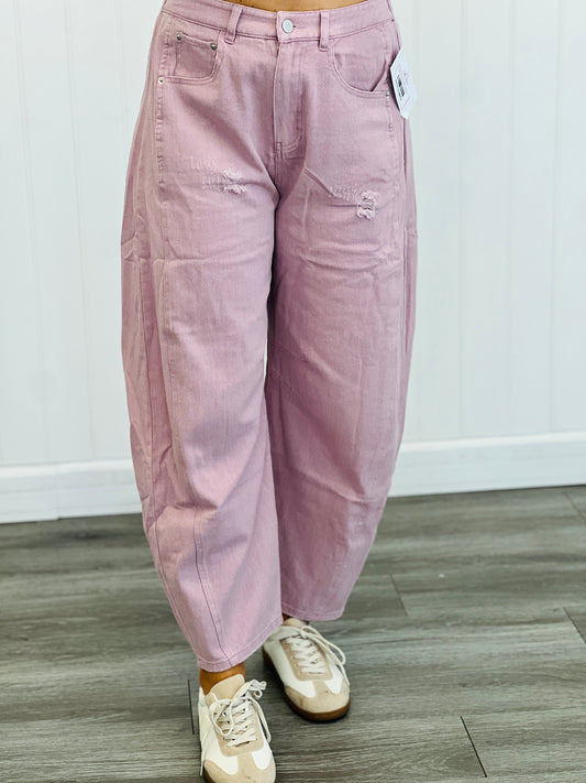 Mauve Acid Washed Denim Barrel Pants (Reg & Plus)