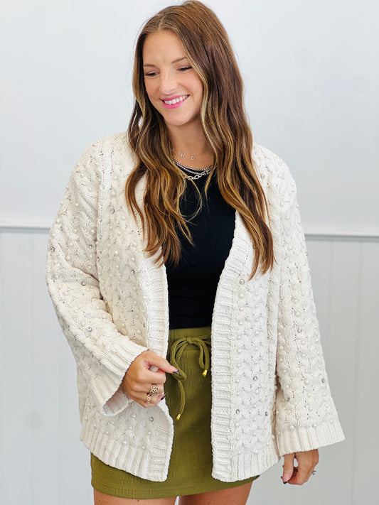 POL Powder Cream Chenille Pearl Studded Sweater Cardigan (Reg.)