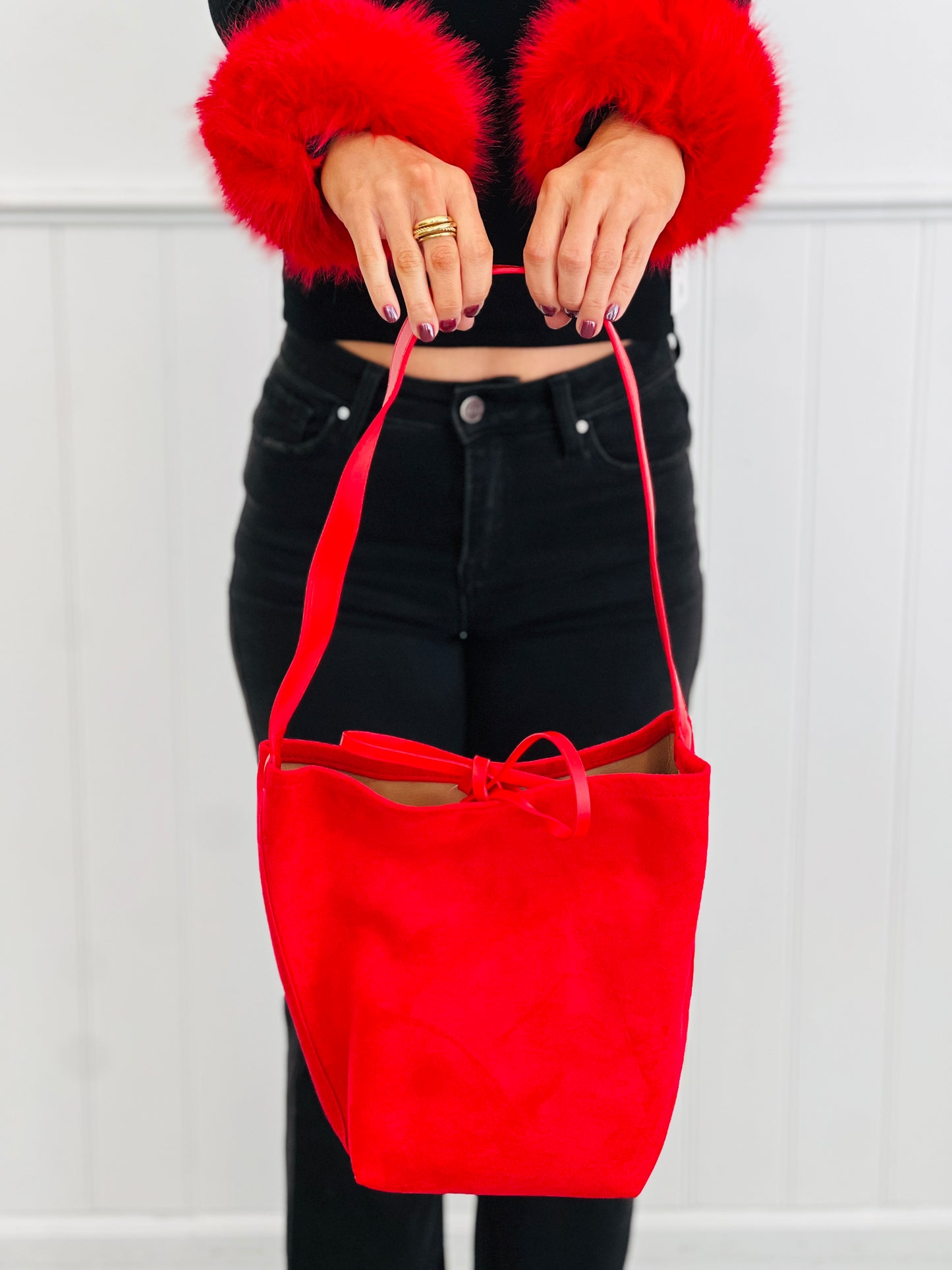 Red Suede Bucket Bag