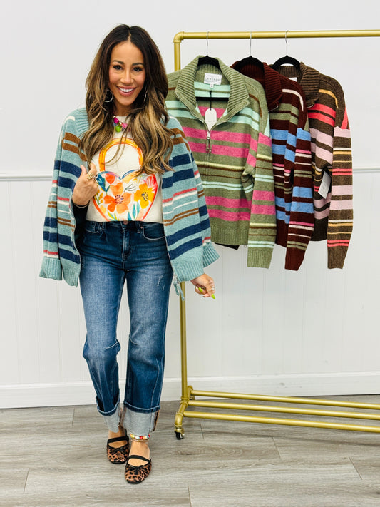 Multi Striped Zip Up Sweater Cardigan (Reg.) - 4 Colors
