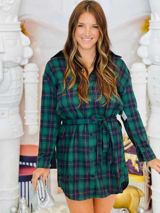 Green Flannel Button Up Mini Dress (Reg. and Plus)