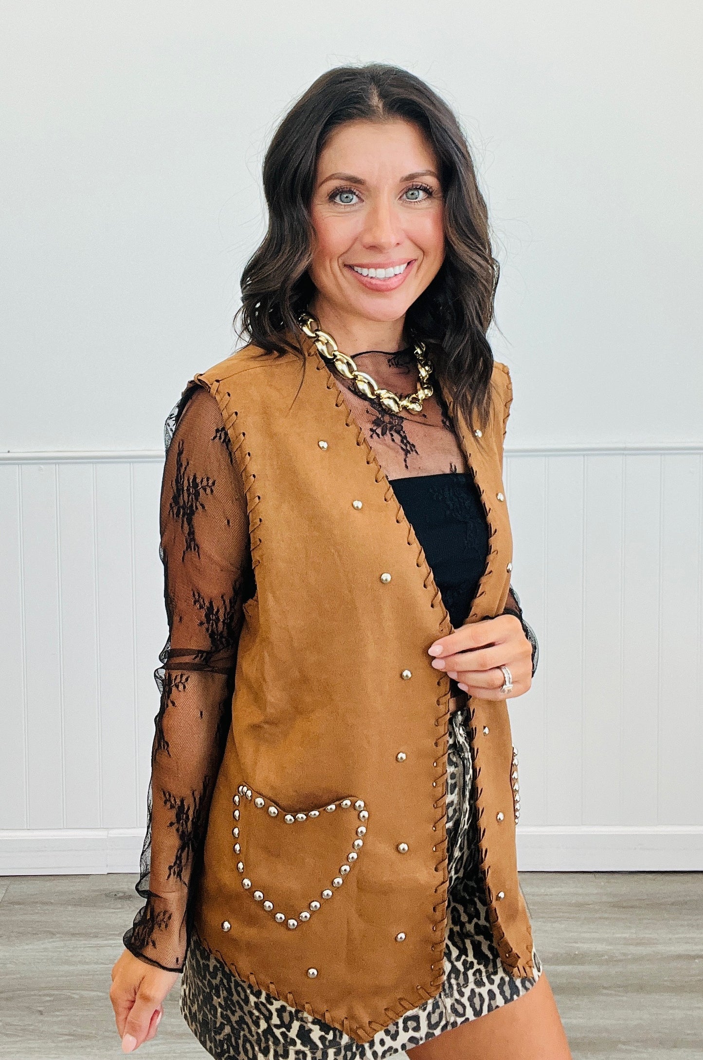 Camel Faux Suede Studded Vest (Reg.)