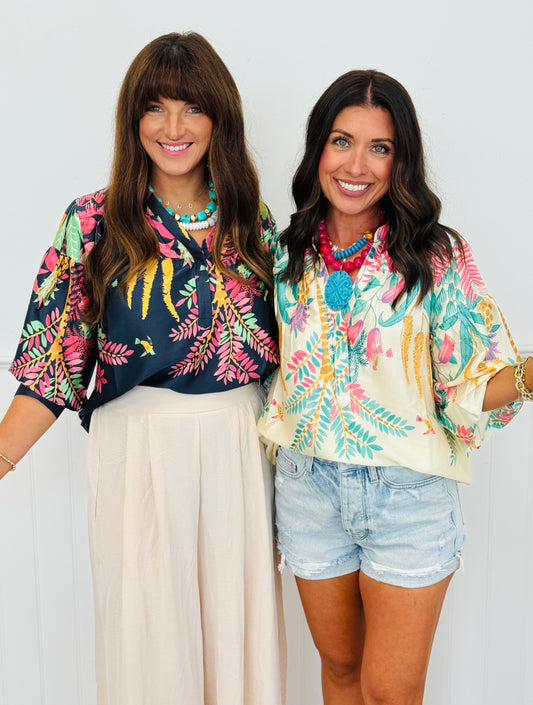 Leaves Printed Satin Top (Reg.) - 2 Colors