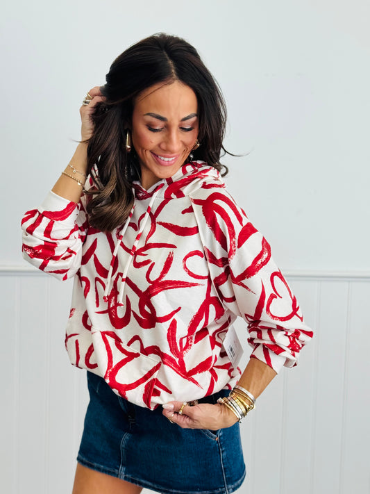 Cream/Red Tumbling Hearts Hoodie Top (Reg & Plus)