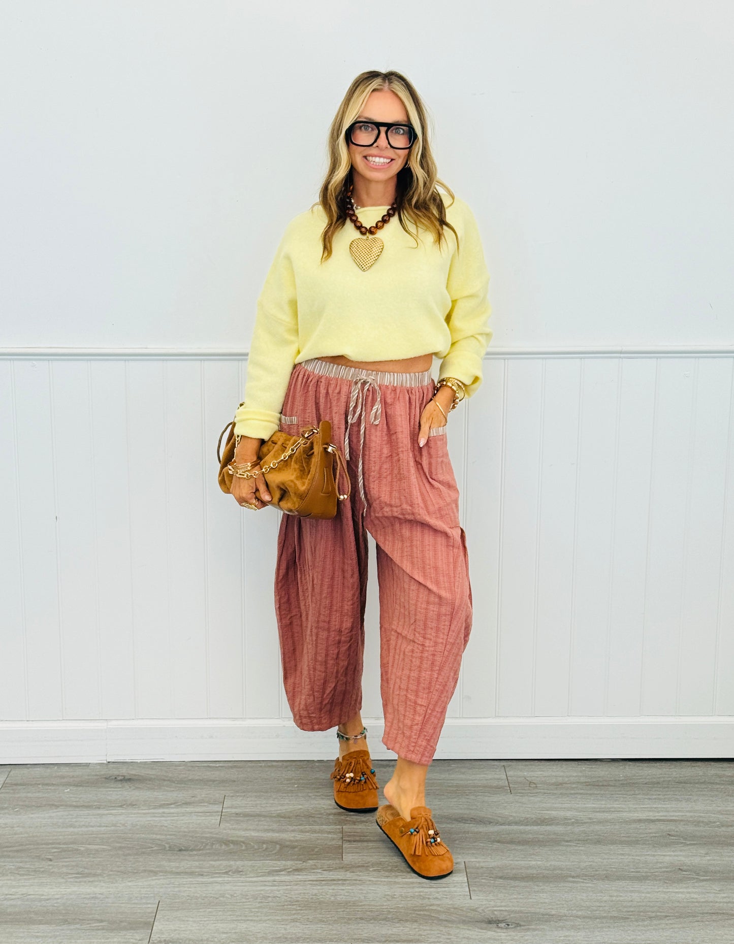 Contrast Waist Textured Cropped Pants (Reg. and Plus) - 2 Colors